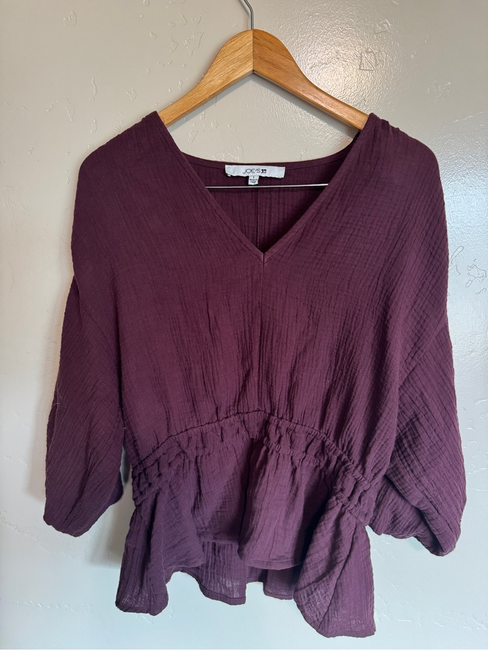 JOE’s JEANS Burgundy V-Neck Peplum Blouse - cotton gauze  L